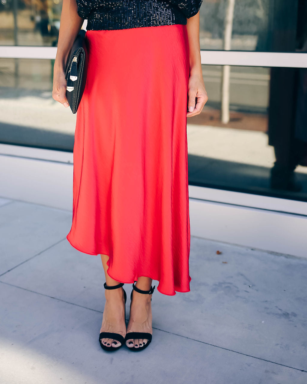 State Of Bliss Satin Asymmetrical Midi Skirt - Red