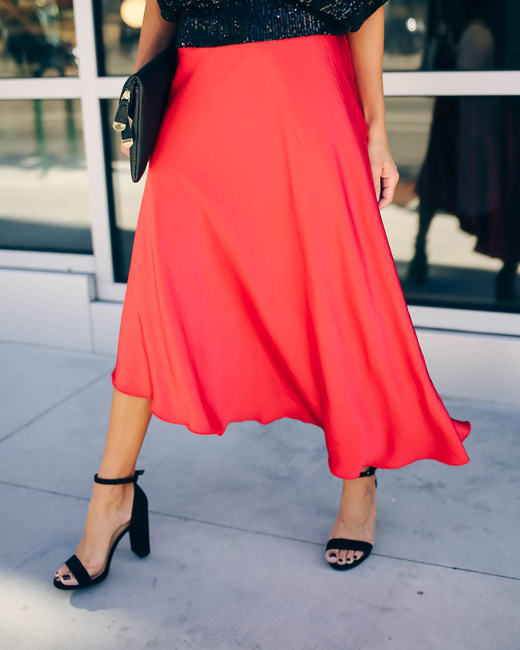 State Of Bliss Satin Asymmetrical Midi Skirt - Red