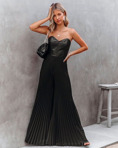 Vip Strapless Faux Leather Pleated Jumpsuit