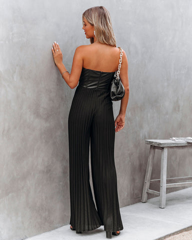 Vip Strapless Faux Leather Pleated Jumpsuit