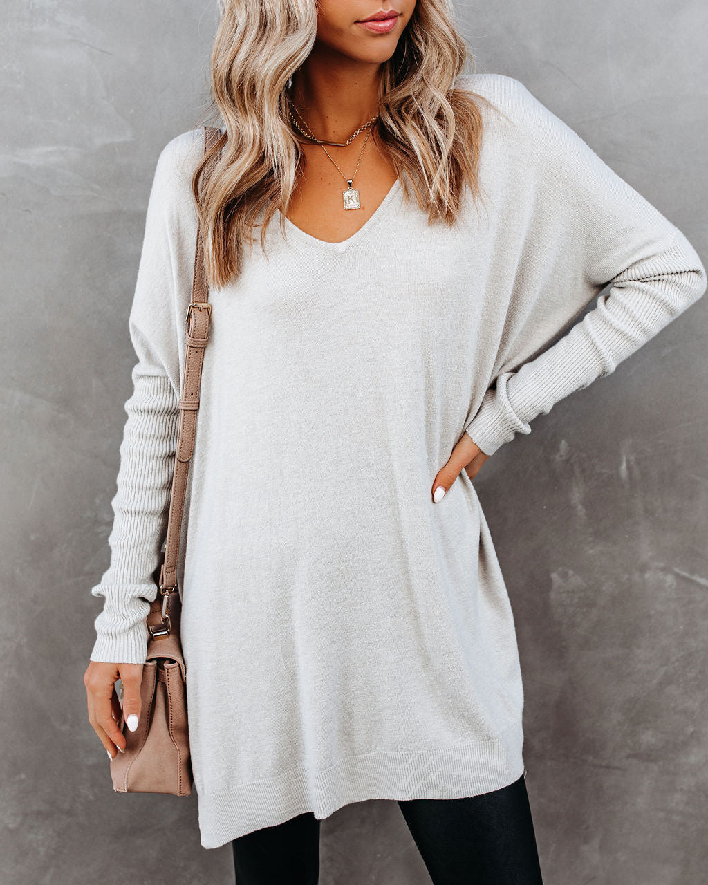 Vital V-Neck Ribbed Sleeve Sweater - Heather Stone