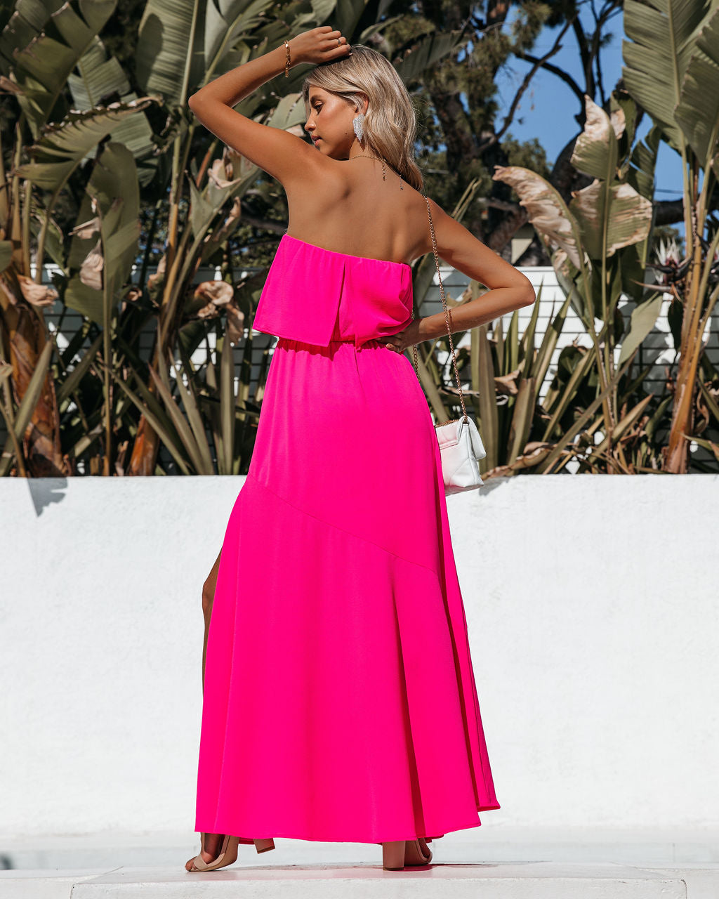 Robe longue fendue sans bretelles Vivid - Rose vif 