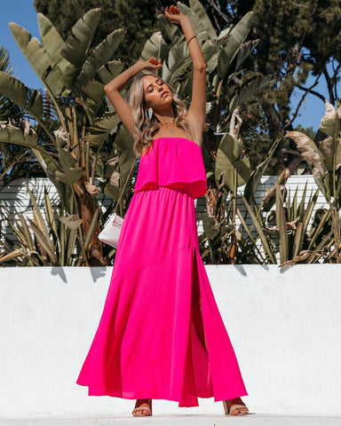 Vivid Strapless Slit Maxi Dress - Hot Pink