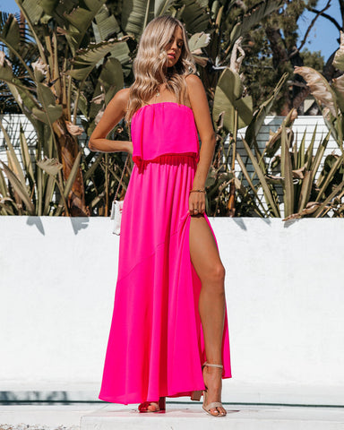 Robe longue fendue sans bretelles Vivid - Rose vif 