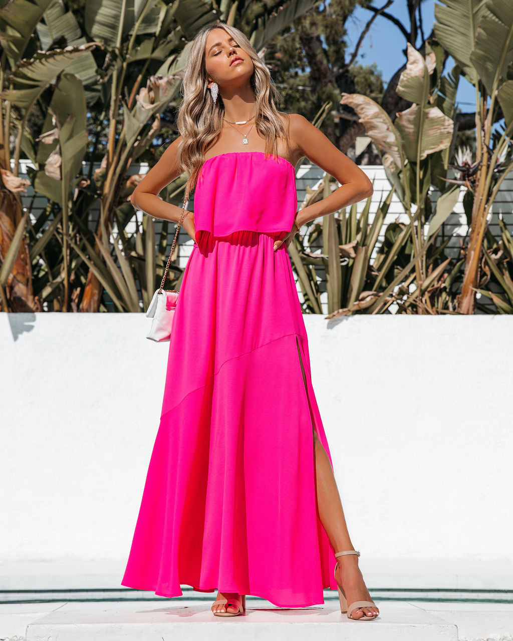 Robe longue fendue sans bretelles Vivid - Rose vif 