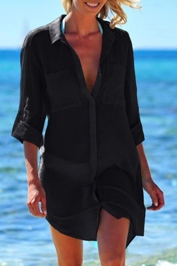Solid Color Roll Up Sleeve Swimsuit Cover Up