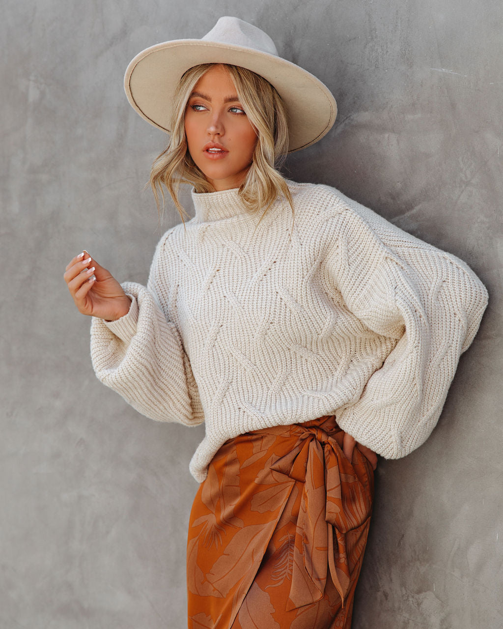 Windblown Mock Neck Knit Sweater - Ecru