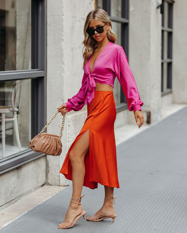 Wishful Satin Slit Midi Skirt - Orange