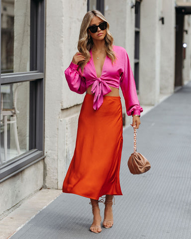 Wishful Satin Slit Midi Skirt - Orange