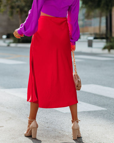 Wishful Satin Slit Midi Skirt - Red