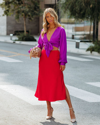 Wishful Satin Slit Midi Skirt - Red