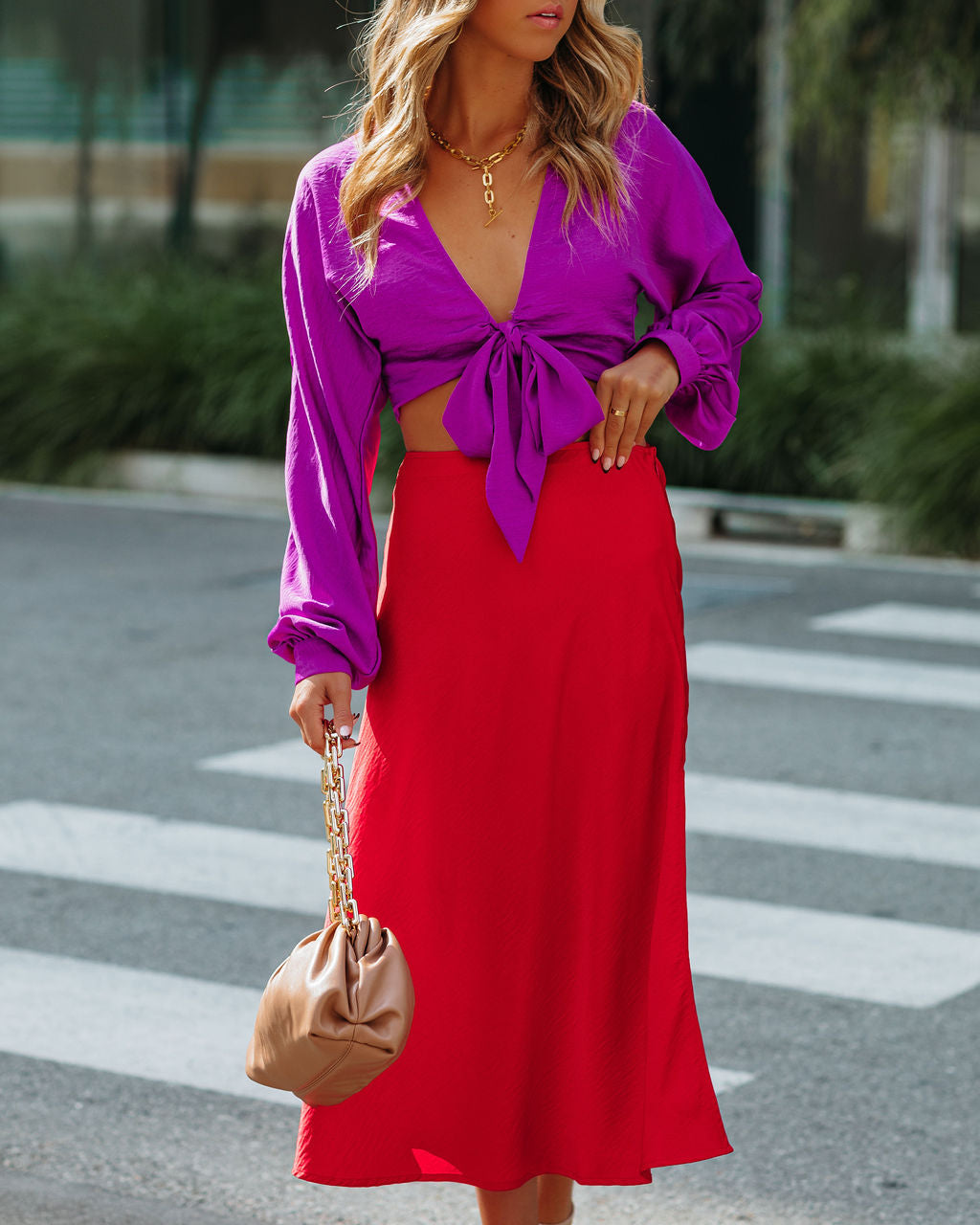 Wishful Satin Slit Midi Skirt - Red