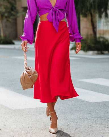 Wishful Satin Slit Midi Skirt - Red