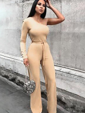 Solid color sloping shoulder slim fit flared pants casual jumpsuit