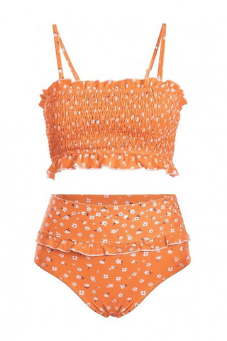 Orange Floral Smocked Crop Top and High Waist Swimwear