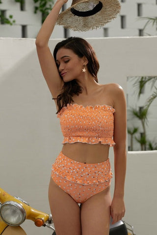 Orange Floral Smocked Crop Top and High Waist Swimwear