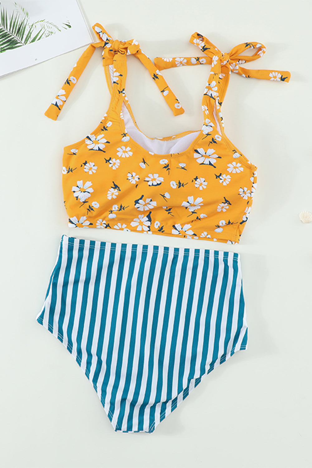 Yellow Floral Print Shoulder Tie 2 Piece Tankini Swimsuit