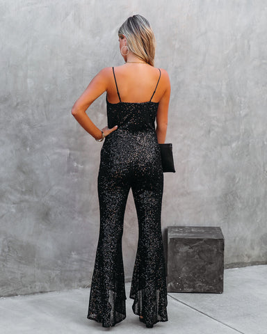 Zaida High Low Flare Sequin Jumpsuit - Black