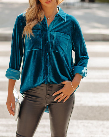 Zamora Pocketed Velvet Button Down Top - Teal