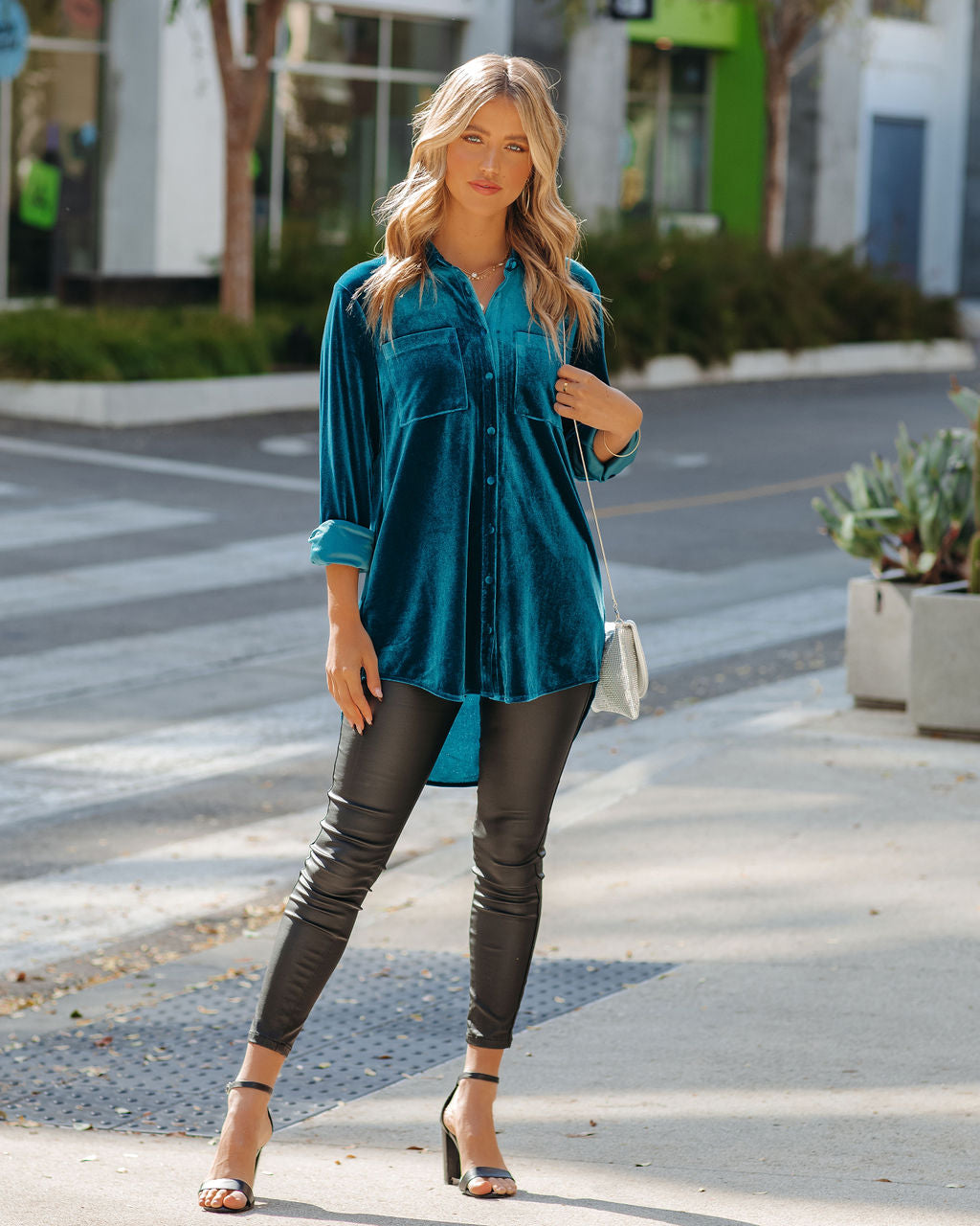 Zamora Pocketed Velvet Button Down Top - Teal