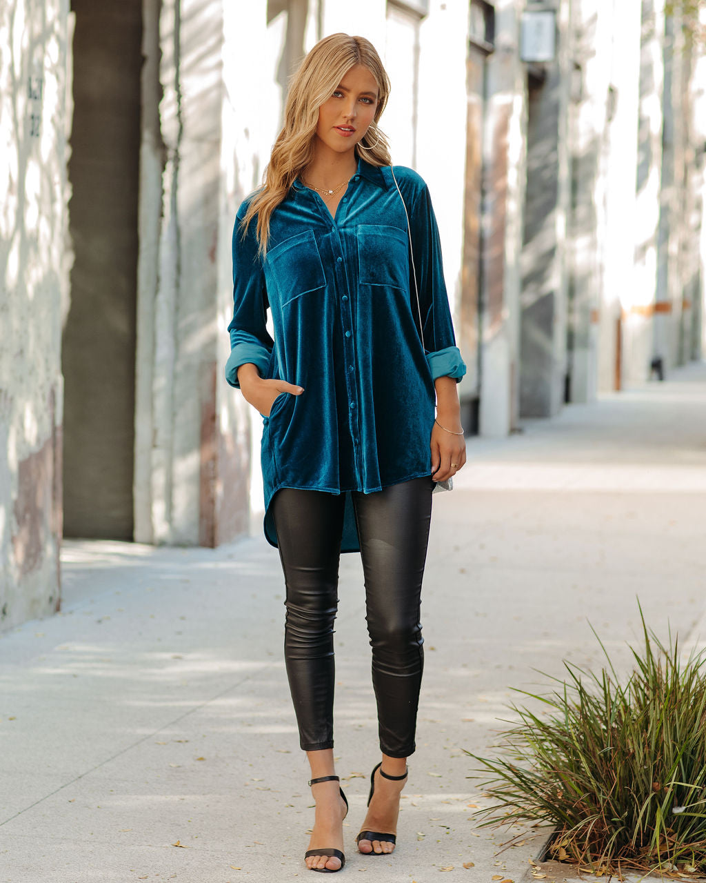 Zamora Pocketed Velvet Button Down Top - Teal