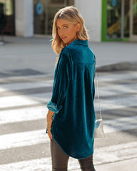 Zamora Pocketed Velvet Button Down Top - Teal