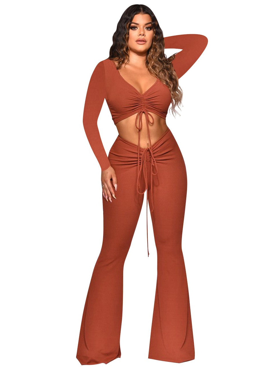 Solid colour pleated V-neck micro trousers two piece set