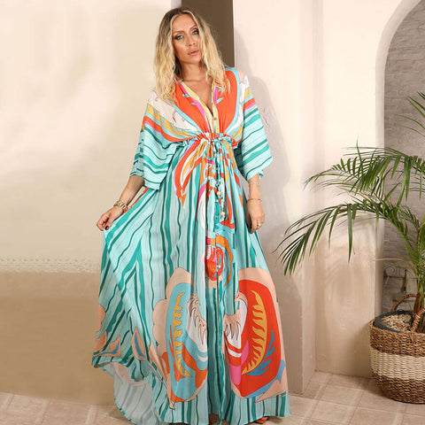 Abstract Print Belted Button Down V Neck Maxi Dress - Green