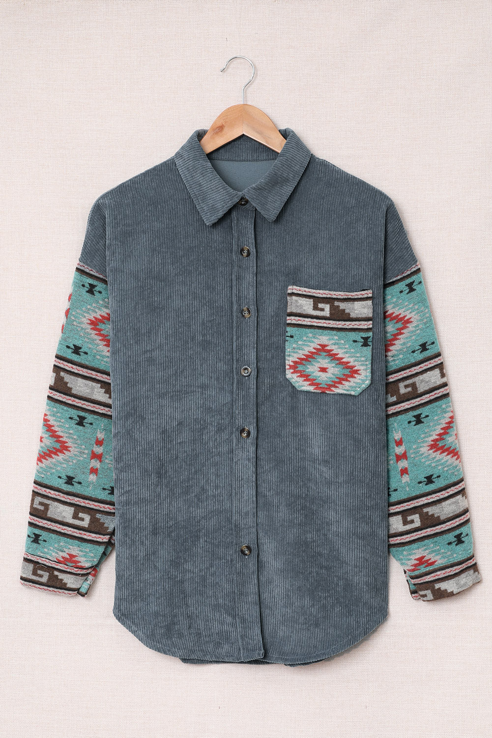 Aztec Pattern Sleeve Pocketed Corduroy Shacket