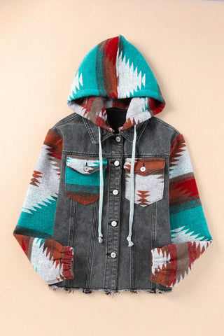 Jeansjacke mit Aztekenmuster und ausgefranstem Saum