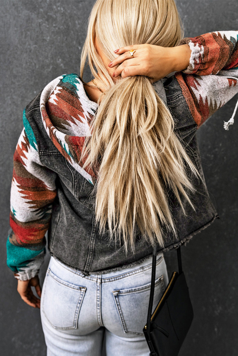 Aztec Print Frayed Hem Denim Jacket