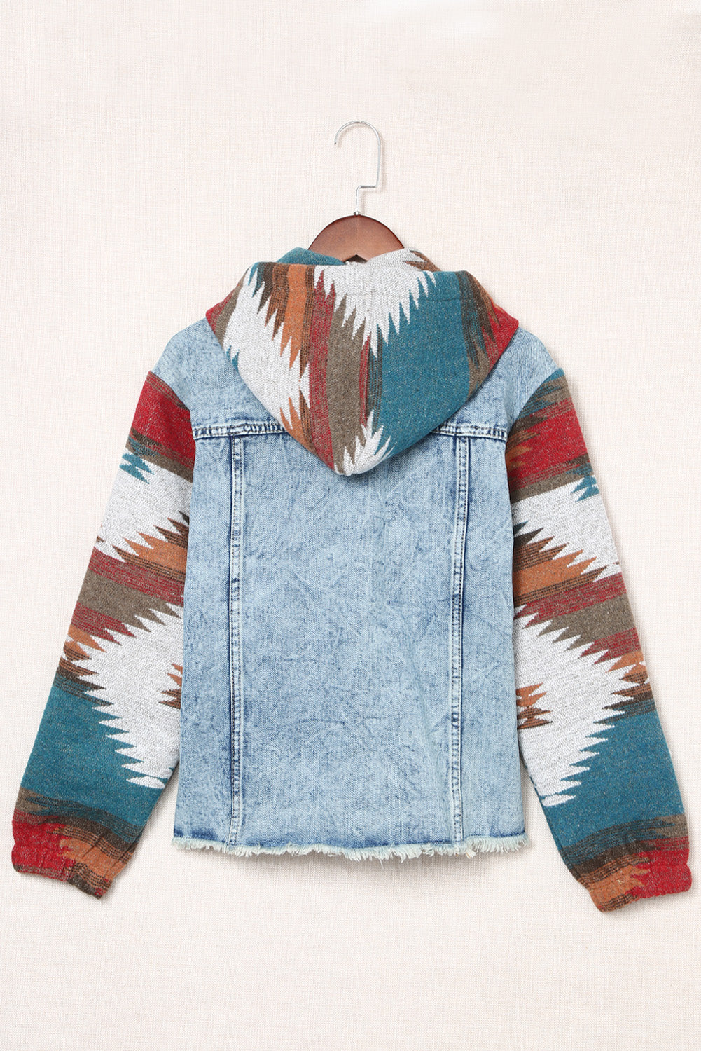 Aztec Print Frayed Hem Denim Jacket