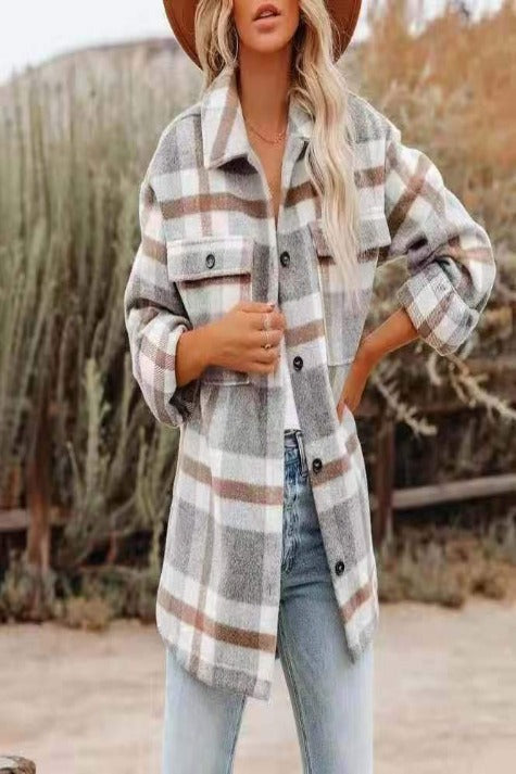 Long Sleeve Loose Woolen Plaid Shirt Jacket