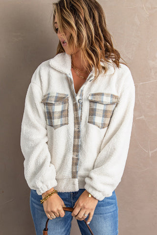 Beige Plaid Patchwork Buttoned Fleece Turn Down Collar Jacket