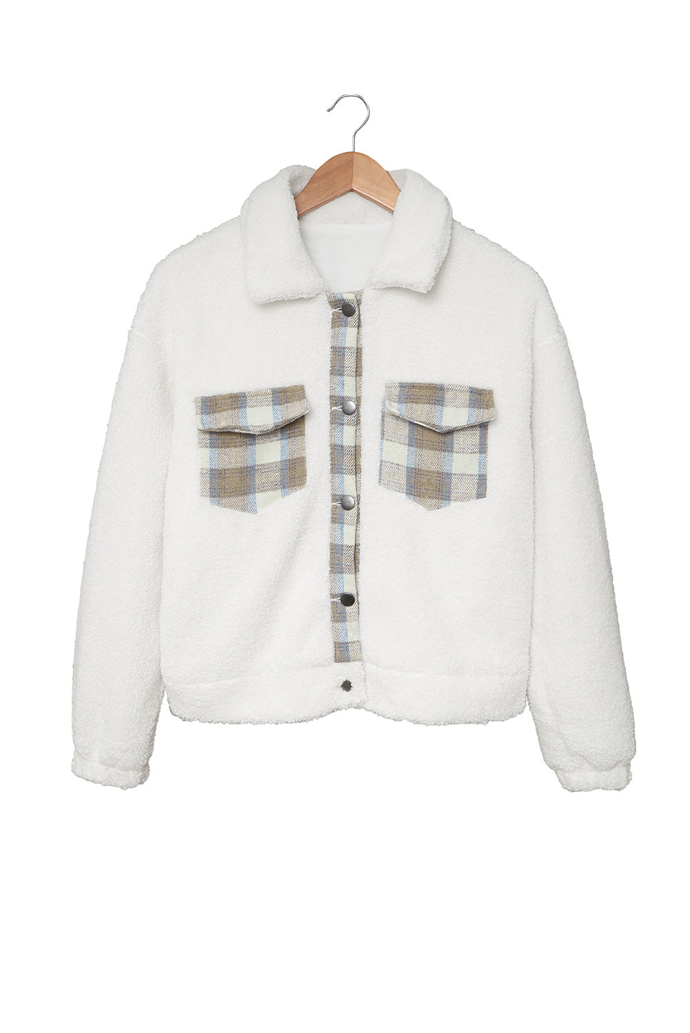 Beige Plaid Patchwork Buttoned Fleece Turn Down Collar Jacket