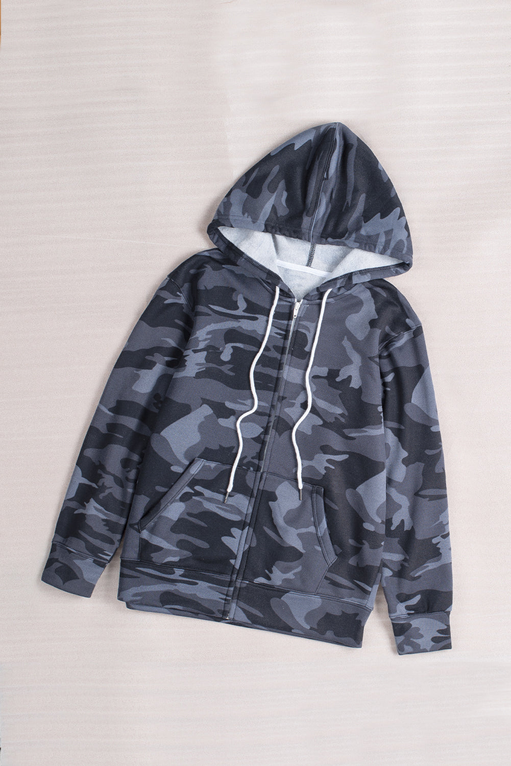 Black Camo Print Zip-Up Hooded Coat With Pockets