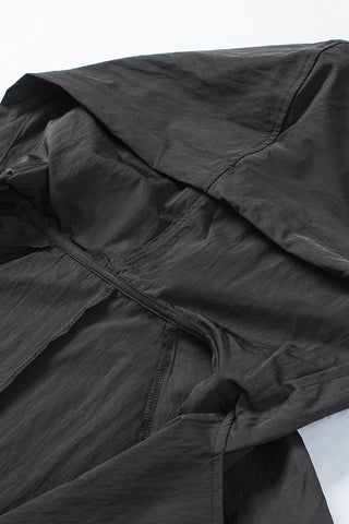 Black Drawstring Turndown Collar Hooded Outerwear