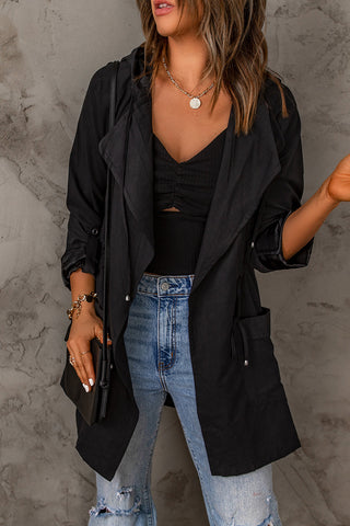 Black Drawstring Turndown Collar Hooded Outerwear