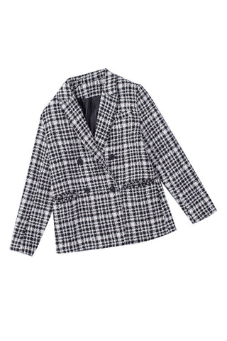 Black Lapel Collar Buttoned Gingham Tweed Blazer