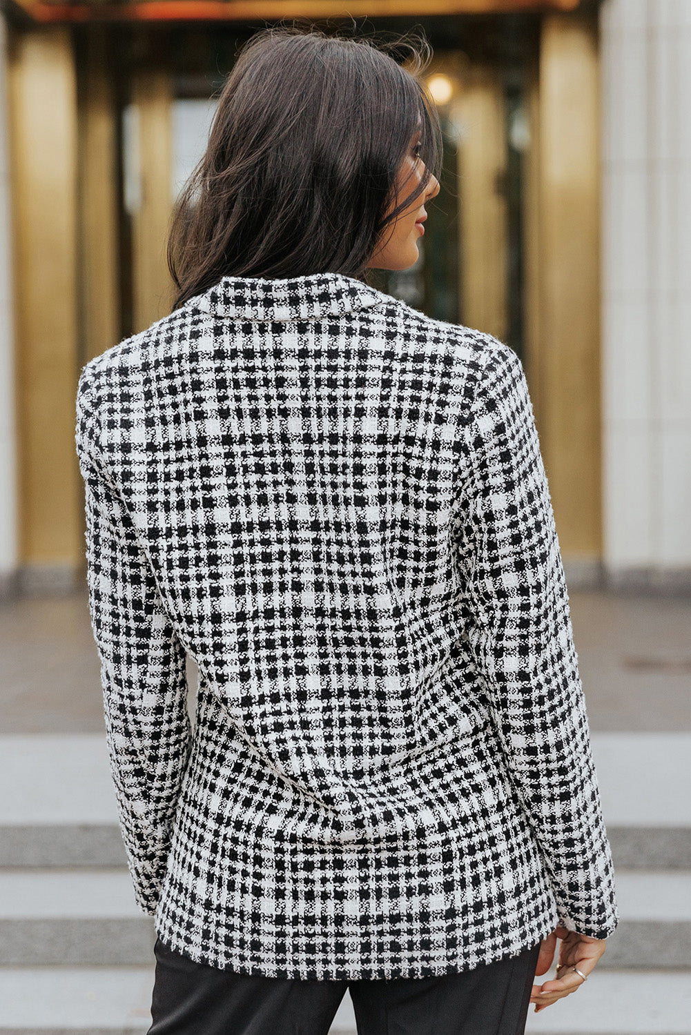 Black Lapel Collar Buttoned Gingham Tweed Blazer