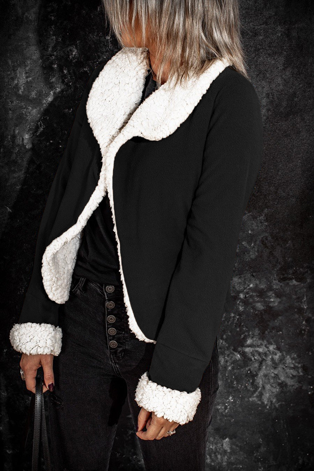 Black Lapel Collar Fleece Open Front Coat