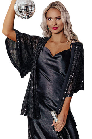 Black Luster Sequin Half Sleeves Draped Open Front Top