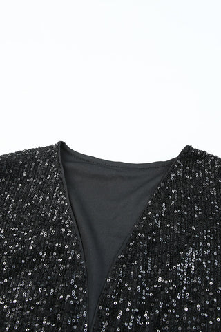 Black Luster Sequin Half Sleeves Draped Open Front Top