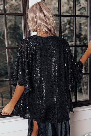 Black Luster Sequin Half Sleeves Draped Open Front Top