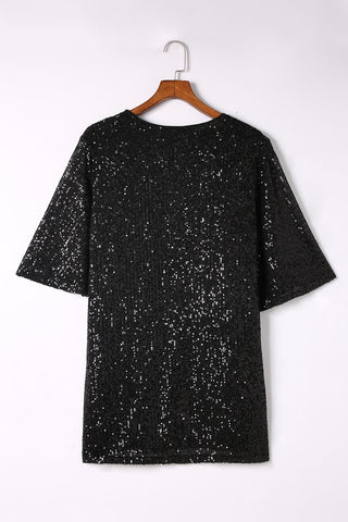 Black Luster Sequin Half Sleeves Draped Open Front Top