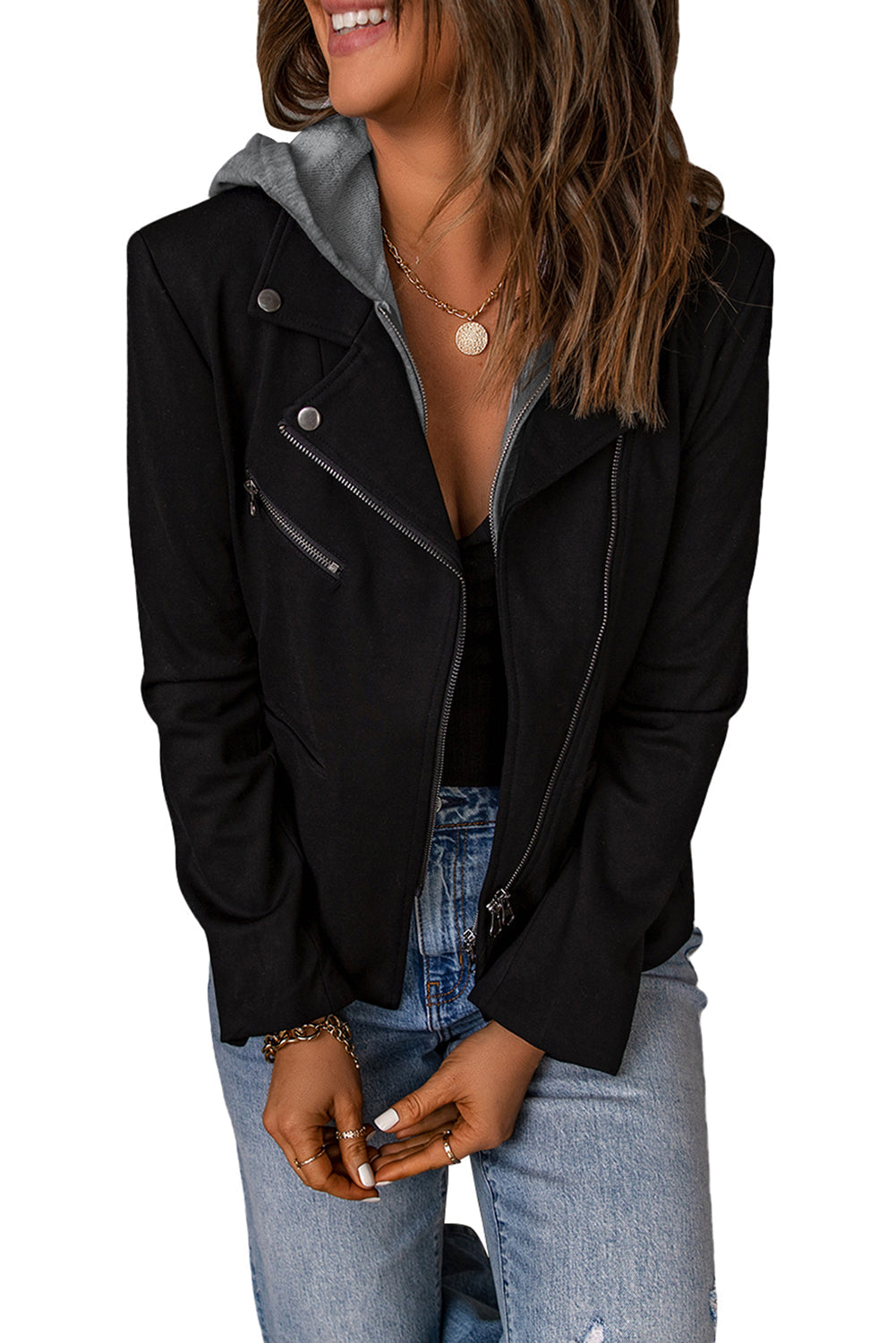 Black Notch Collar Detachable Hood Zipped Jacket