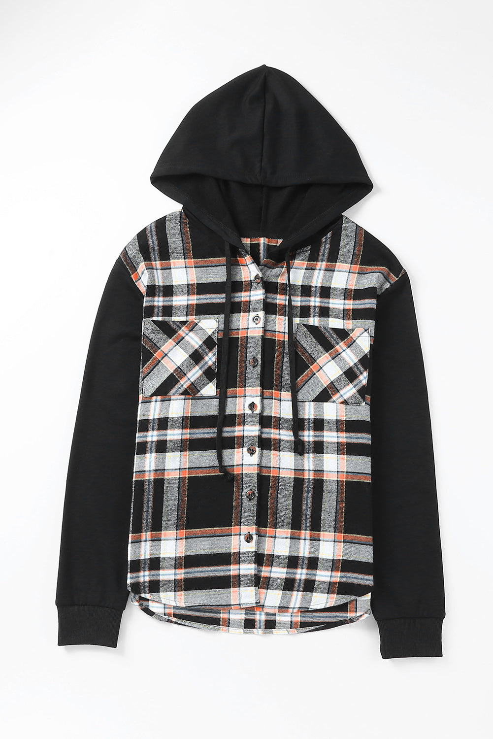 Black Plaid Buttons Long Sleeve Hooded Jacket