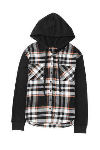 Black Plaid Buttons Long Sleeve Hooded Jacket