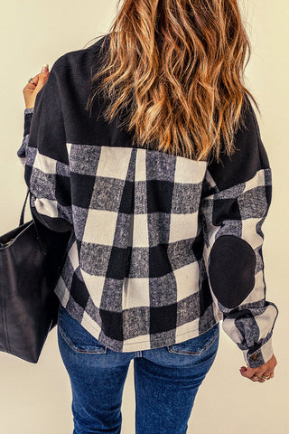 Black Plaid Patchwork Pockets Buttoned Shirt Jacket