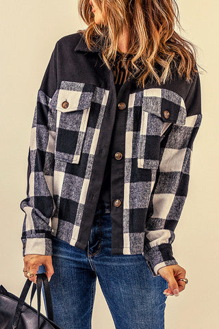 Black Plaid Patchwork Pockets Buttoned Shirt Jacket